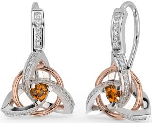 Diamond Citrine Rose Gold Silver Celtic Trinity Knot Dangle Earrings