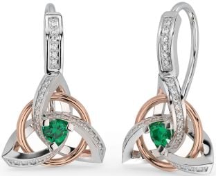 Diamond Emerald Rose Gold Silver Celtic Trinity Knot Dangle Earrings