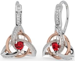 Diamond Ruby Rose Gold Silver Celtic Trinity Knot Dangle Earrings