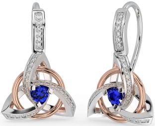 Diamond Sapphire Rose Gold Silver Celtic Trinity Knot Dangle Earrings