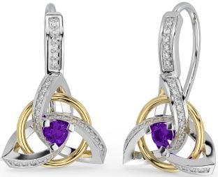 Diamond Amethyst Gold Silver Celtic Trinity Knot Dangle Earrings