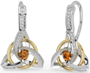 Diamond Citrine Gold Silver Celtic Trinity Knot Dangle Earrings