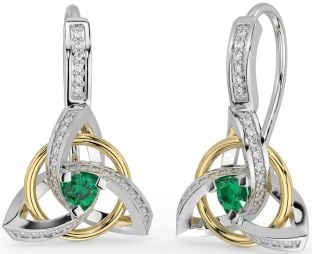 Diamond Emerald Gold Silver Celtic Trinity Knot Dangle Earrings