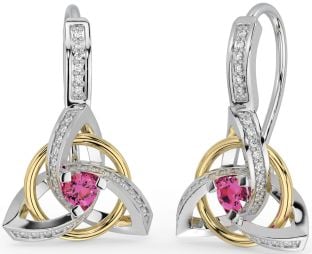 Diamond Pink Tourmaline Gold Silver Celtic Trinity Knot Dangle Earrings