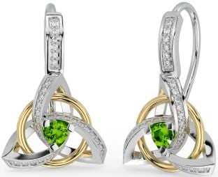 Diamond Peridot Gold Silver Celtic Trinity Knot Dangle Earrings