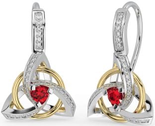 Diamond Ruby Gold Silver Celtic Trinity Knot Dangle Earrings