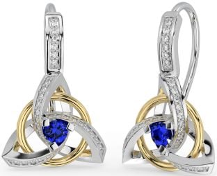 Diamond Sapphire Gold Silver Celtic Trinity Knot Dangle Earrings