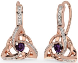 Diamond Alexandrite Rose Gold Silver Celtic Trinity Knot Dangle Earrings