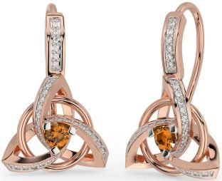 Diamond Citrine Rose Gold Silver Celtic Trinity Knot Dangle Earrings