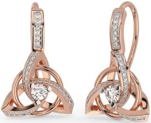 Diamond Rose Gold Silver Celtic Trinity Knot Dangle Earrings