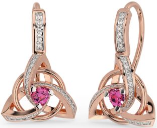 Diamante Rosa Turmalina Rosa Ouro Prata céltico Trindade Nó Pendurar Brincos