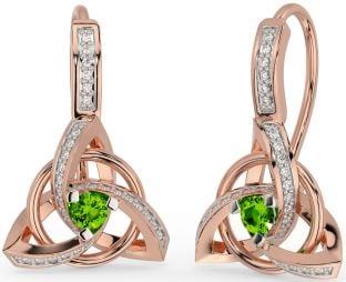 Trandafir Peridot de diamant Nod Celtic Trinity Aur Argint Cercei suspendați