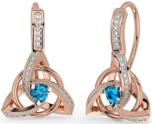 Diamond Topaz Rose Gold Silver Celtic Trinity Knot Dangle Earrings