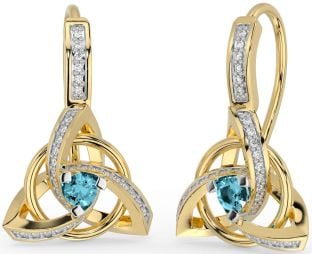 Diamond Aquamarine Gold Silver Celtic Trinity Knot Dangle Earrings