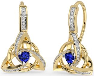 Diamond Sapphire Gold Silver Celtic Trinity Knot Dangle Earrings