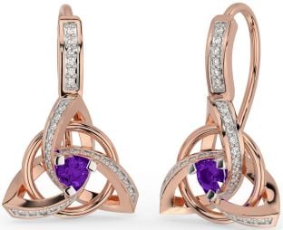 Diamond Amethyst Rose Gold Celtic Trinity Knot Dangle Earrings