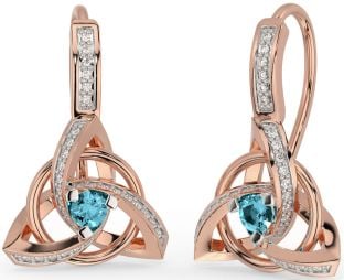 Diamond Aquamarine Rose Gold Celtic Trinity Knot Dangle Earrings