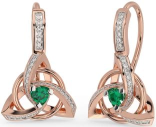 Diamond Emerald Rose Gold Celtic Trinity Knot Dangle Earrings