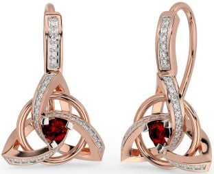 Diamond Garnet Rose Gold Celtic Trinity Knot Dangle Earrings