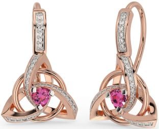 Diamond Pink Tourmaline Rose Gold Celtic Trinity Knot Dangle Earrings