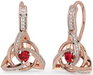 Diamond Ruby Rose Gold Celtic Trinity Knot Dangle Earrings