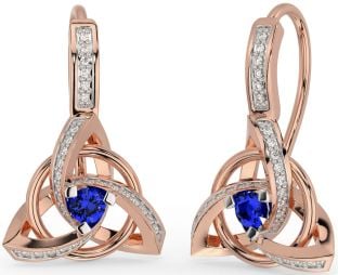 Diamond Sapphire Rose Gold Celtic Trinity Knot Dangle Earrings