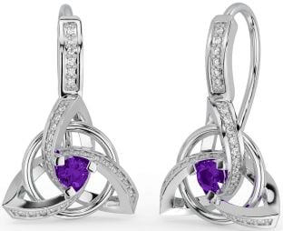 Diamond Amethyst Silver Celtic Trinity Knot Dangle Earrings