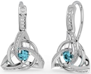 Diamond Aquamarine Silver Celtic Trinity Knot Dangle Earrings