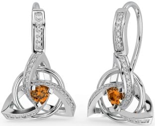 Diamond Citrine Silver Celtic Trinity Knot Dangle Earrings