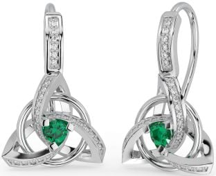 Diamond Emerald Silver Celtic Trinity Knot Dangle Earrings