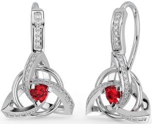 Diamond Ruby Silver Celtic Trinity Knot Dangle Earrings