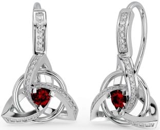 Diamond Garnet White Gold Celtic Trinity Knot Dangle Earrings