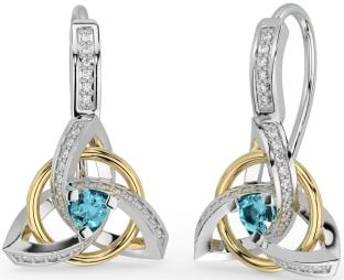 Diamond Aquamarine White Yellow Gold Celtic Trinity Knot Dangle Earrings