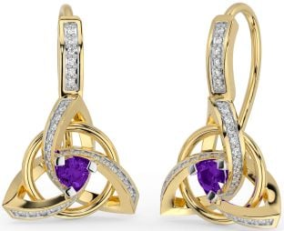 Diamond Amethyst Gold Celtic Trinity Knot Dangle Earrings