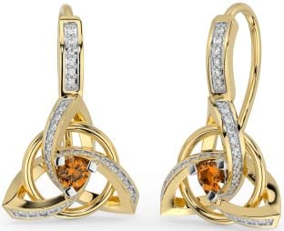 Diamond Citrine Gold Celtic Trinity Knot Dangle Earrings