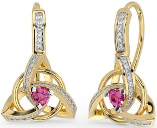 Diamond Pink Tourmaline Gold Celtic Trinity Knot Dangle Earrings