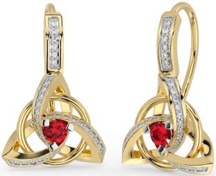 Diamond Ruby Gold Celtic Trinity Knot Dangle Earrings