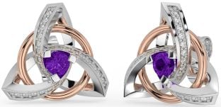 Diamond Amethyst Rose Gold Silver Celtic Trinity Knot Stud Earrings