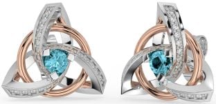 Diamond Aquamarine Rose Gold Silver Celtic Trinity Knot Stud Earrings