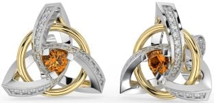 Diamond Citrine Gold Stud cu nod celtic Trinity argintiu Cercei