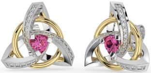 Diamond Pink Tourmaline Gold Silver Celtic Trinity Knot Stud Earrings