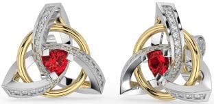 Diamond Ruby Gold Silver Celtic Trinity Knot Stud Earrings