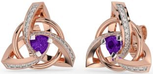 Diamond Amethyst Rose Gold Silver Celtic Trinity Knot Stud Earrings