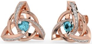 Diamond Aquamarine Rose Gold Silver Celtic Trinity Knot Stud Earrings