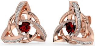 Diamond Garnet Rose Gold Silver Celtic Trinity Knot Stud Earrings