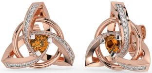 Diamond Citrine Rose Gold Celtic Trinity Knot Stud Earrings