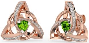 Diamond Peridot Rose Gold Celtic Trinity Knot Stud Earrings