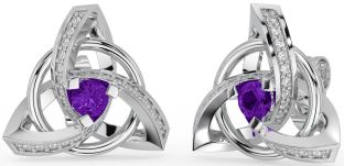Diamond Amethyst Silver Celtic Trinity Knot Stud Earrings