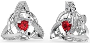 Diamond Ruby Silver Celtic Trinity Knot Stud Earrings