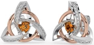 Diamond Citrine White Rose Gold Celtic Trinity Knot Stud Earrings